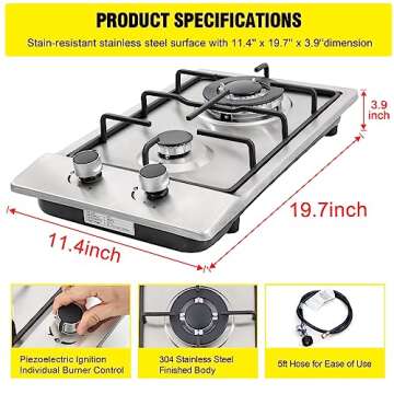 12" Gas Cooktops, 2 Burner Drop-in Propane/Natural Gas Cooker, 12 Inch Stainless Steel Gas Stove Top Dual Fuel Easy to Clean (12Wx20L)