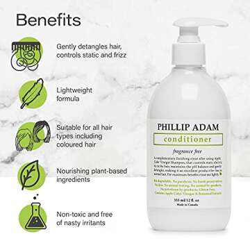 Phillip Adam Fragrance Free Conditioner - Apple Cider Vinegar Formula - No Parabens - For All Hair Types - 12 Ounce