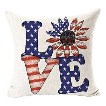 Set of 4 4th of July Decorations Pillow Covers Love Home Sunflower America Freedom Cotton Linen Square Throw Waist Pillow Case Memorial Independence Day Decor Cushion Cover for Sofa Couch 18"x 18"