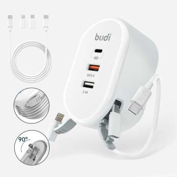 Budi 38W 3-Port USB Wall Charger with Built-in Cables