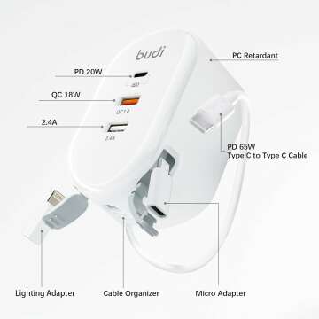 Budi 38W USB Wall Charger with 3 Ports and Cables