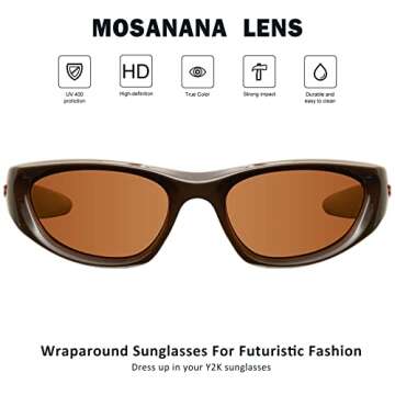 mosanana Y2k Wrap around Sunglasses for Women Men Trendy Cool Cute Funky Fashion Retro Vintage Brown Unique Stylish 90s Aesthetic Shade Sunnies Futuristic Chunky Cyber Ladies Sun Glasses Frame Freak