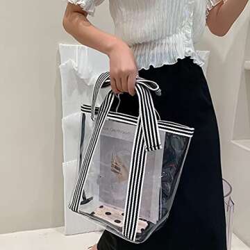 Clear Bags for Women Stadium Approved Durable Open Travel Tote Bag Sturdy PVC Transparent Handbag Purse for Work Beach Shopping Picnic Pool Sports (transparent white)