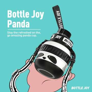 BOTTLE JOY Stainless-Steel Water Bottle: Kids Water Bottle, Leakproof Lid, Perfect Sip, Double Insulated, Eco-Friendly, Dishwasher Safe & Stylish Strap, Gifts for Kids (Panda, 16 oz)