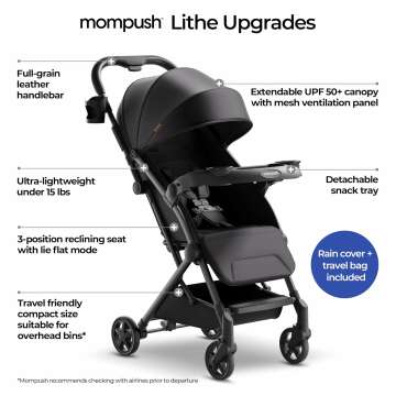 Mompush Lithe V2 Lightweight Stroller + Snack Tray, Ultra-Compact Fold & Airplane Ready Travel Stroller, Near Flat Recline Seat, Cup Holder, Raincover & Travelbag Included