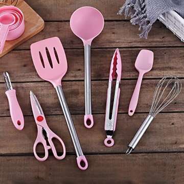 DESIGN VEICA,Kithcen Utensil set 42 Cooking Utensils Nylon and Stainless Steel Utensils Set Kitchen Tool Set,Baking Set Kitchen Set Spatula Set Kitchen Gadgets Kitchen Tools Kitchen Accessories Pink