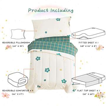 Joyreap 4 Piece Cotton Toddler Bedding Set, Green Flowers Print on White, Soft Breathable Toddler Comforter Set for Girls, Includes Quilted Comforter, Fitted Sheet, Top Sheet, and Pillow Case