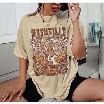 Nashville Music City T-Shirt Women Country Music Oversized Shirts Rock Band Tshirt Vintage Guitar Wings Graphic Tees(Beige,XX-Large)