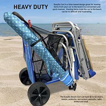 EasyGo Product Beach Cart - Heavy Duty Folding Design - Large Wheels for Sand - Holds 4 Beach Chairs - Storage Pouch - Beach Umbrella Holder - Striped