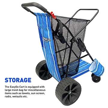 EasyGo Product Beach Cart - Heavy Duty Folding Design - Large Wheels for Sand - Holds 4 Beach Chairs - Storage Pouch - Beach Umbrella Holder - Striped