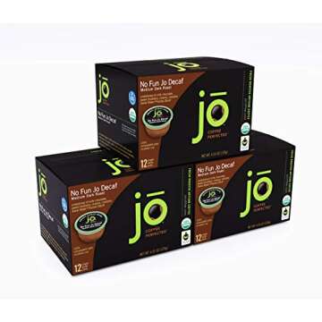 No Fun Jo Decaf: 72 Organic Compostable Pods for Keurig K-Cup Compatible Brewers, Swiss Water Process Single Serve Coffee Medium/Dark Roast Fair Trade