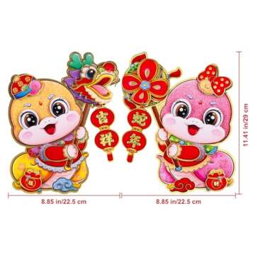 Chinese New Year Decorations 2025 Blessing Door Sticker Decorative New Year Zodiac Snake Character Ornament Wall Window Clings for Home House Restaurant Store Party Decoration, Gold &Pink, Medium