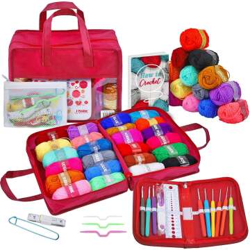 J MARK Crochet Kit for Beginners with Yarn Set, Premium Bundle Includes 1,320 Yards Acrylic Crochet Yarn Balls, Crochet Hooks, Needles, Book, Bags More, Professional Starter Pack for Adults and Kids