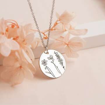 Anavia Multiple Birthday Month Flowers Necklace Connection of Family and Friends, Personalized Engraved Floral Coin Necklace, Customized Birthday Jewelry Gift for Mother New Mom (Silver)