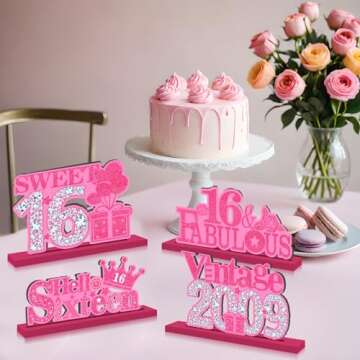 4Pcs Pink 16th Birthday Decorations Sweet 16 Birthday Table Decorations Hot Pink Silver 16th Birthday Table Sign with Wood Stand Vintage 2009 Table Decorations 16 Years Table Centerpieces for Girls