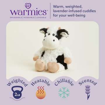 warmies Microwavable & Weighted Stuffed Animals, Black & White Cow - Heated Stuffed Animal Plushie for Warmth & Comfort - Cute Soft Plush Toys for Boys, Girls, Babies & Toddlers