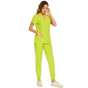 COZYFIT Scrubs for Women Set - Stretch V-Neck Scrub Top & Jogger Pant with 8 Pockets, Yoga Waistband, Anti Wrinkle, Slim Fit Women Scrubs - Apple Green, XS