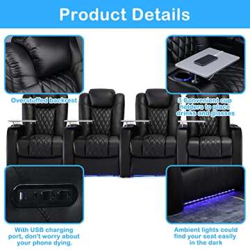 Weilianda Home Theater Seating Top Grain Leather Recliner Chair Dual Power Movie Gaming Sofa Electric Headrest with Tray Table Type-C USB Charge Cup Holders Black