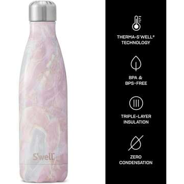 S'well Stainless Steel Insulated Water Bottle - Geode Rose Triple-Layered Vacuum - Double Wall , Keep Drinks Cold for 36 Hours and Hot for 18 - Great for travel, hiking, camping, 17 fl oz