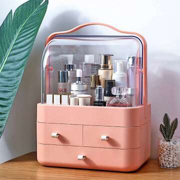 Makeup Organizer, Cosmetics Skincare Organizers Box Waterproof&Dustproof, Make up Organizers and Storage for Vanity with Lid and Drawers, Cosmetic Display Cases for Countertop, Bathroom(Pink-L)