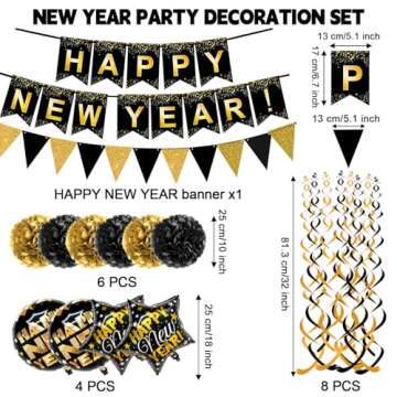 Brand:Oh baby，HAPPY NEW YEAR Paper Banner Triangle Flag Bunting Pom poms Swirl Streamers Aluminum foil balloons for New year Party Decorations