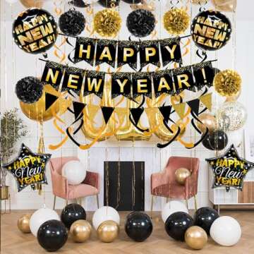 Brand:Oh baby，HAPPY NEW YEAR Paper Banner Triangle Flag Bunting Pom poms Swirl Streamers Aluminum foil balloons for New year Party Decorations