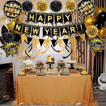 Brand:Oh baby，HAPPY NEW YEAR Paper Banner Triangle Flag Bunting Pom poms Swirl Streamers Aluminum foil balloons for New year Party Decorations