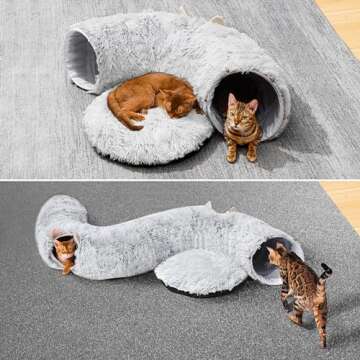 Cat Tunnel with Cat Bed for Indoor Cats, Under Christmas Tree Soft Plush Peekaboo Cat Cave Donut Tunnel, Multifunctional Cat Playground Toys Hideplace for Cats, Kittens, Rabbit, Ferret (Grey)