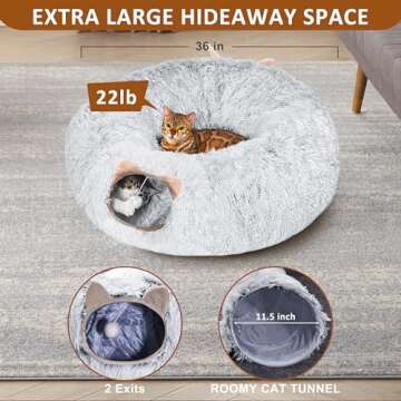 Cat Tunnel with Cat Bed for Indoor Cats, Under Christmas Tree Soft Plush Peekaboo Cat Cave Donut Tunnel, Multifunctional Cat Playground Toys Hideplace for Cats, Kittens, Rabbit, Ferret (Grey)