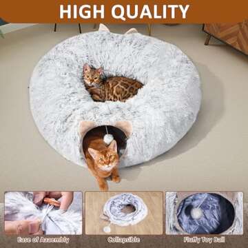 Cat Tunnel with Cat Bed for Indoor Cats, Under Christmas Tree Soft Plush Peekaboo Cat Cave Donut Tunnel, Multifunctional Cat Playground Toys Hideplace for Cats, Kittens, Rabbit, Ferret (Grey)