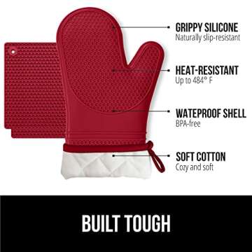 Gorilla Grip Silicone Oven Mitts & Trivets Set - Red Cooking Gloves