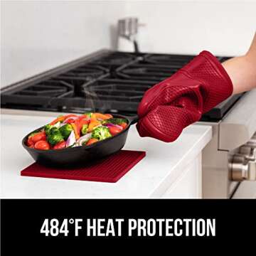 Gorilla Grip Heat and Slip Resistant 4 Piece Silicone Oven Mitt and Trivets Set, Waterproof, Cotton Lined Gloves, BPA-Free, Long Cooking Mitts and Trivet Mats, Kitchen Potholder Sets for Pans, Red