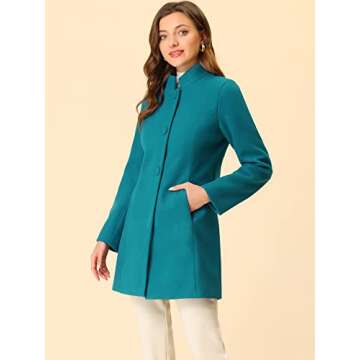 Allegra K Women's Winter Overcoat Stand Collar Single Breasted Mid-thigh Long Coat Medium Lake Blue