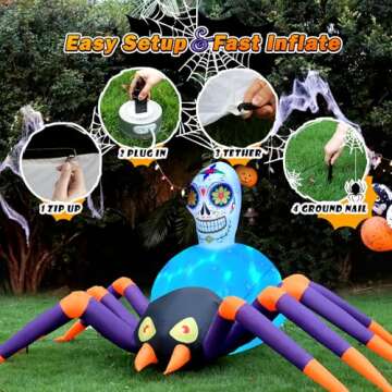 XOOWOO 10 FT Halloween Inflatables Spider Decorations : Giant Blow up Spider with Scary Dimming Skull - Built-in Rotating LED Lights for Halloween Party Garden Lawn Patio Outdoor Decor