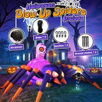 XOOWOO 10 FT Halloween Inflatables Spider Decorations : Giant Blow up Spider with Scary Dimming Skull - Built-in Rotating LED Lights for Halloween Party Garden Lawn Patio Outdoor Decor