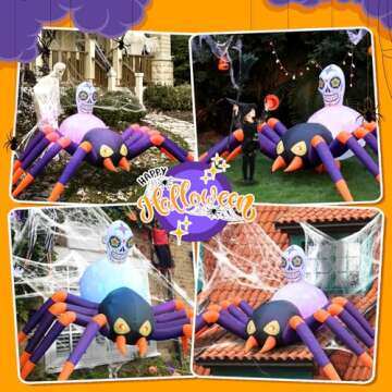 XOOWOO 10 FT Halloween Inflatables Spider Decorations : Giant Blow up Spider with Scary Dimming Skull - Built-in Rotating LED Lights for Halloween Party Garden Lawn Patio Outdoor Decor