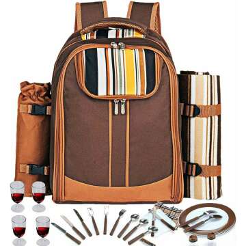 Hap Tim Picnic Backpack Bag for 4 Person with Cooler Compartment, Detachable Bottle/Wine Holder, Fleece Blanket, Plates and Cutlery Set Perfect for Outdoor, Sports, Hiking, Camping, BBQs(Coffee)