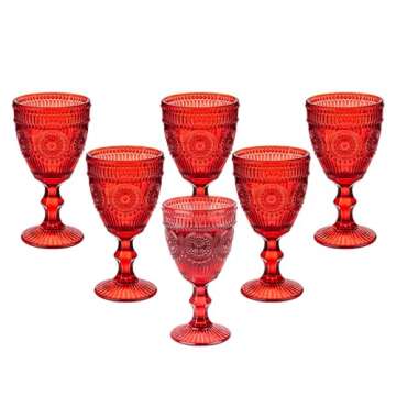 Red Vintage Wine Glasses Set of 6, 10 Ounces Colored Glass Water Goblets, Unique Floral Embossed Pattern High Clear Stemmed Glassware Wedding Party Bar Drinking Cups Fancy Glasses Hand Wash Only