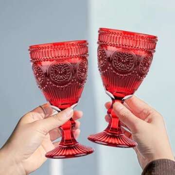 Red Vintage Wine Glasses Set of 6, 10 Ounces Colored Glass Water Goblets, Unique Floral Embossed Pattern High Clear Stemmed Glassware Wedding Party Bar Drinking Cups Fancy Glasses Hand Wash Only