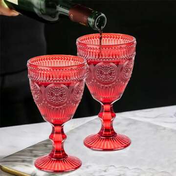 Red Vintage Wine Glasses Set of 6, 10 Ounces Colored Glass Water Goblets, Unique Floral Embossed Pattern High Clear Stemmed Glassware Wedding Party Bar Drinking Cups Fancy Glasses Hand Wash Only