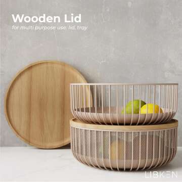 Metal Fruit Bowl Basket with Wooden Lid - Fruit and Vegetable Holder For Kitchen Counter - Countertop Display Baskets Organizer - Bowl Storage for Veggie, Fruits, Snack, and Banana - Peach