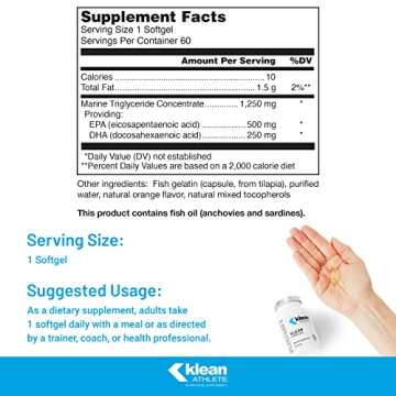 Klean ATHLETE Klean Omega | Pure Fish Oil in Triglyceride Form to Support Cardiovascular, Neurological and Joint Health | NSF Certified for Sport | 60 Softgels