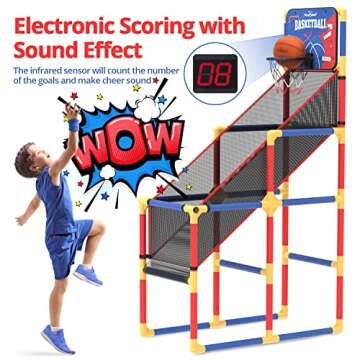 Kids Arcade Basketball Game with Electronic Scoreboard and Cheer Sounds, Indoor/Outdoor Basketball Hoop with 4 Balls, Game Toy Gift for Ages 3-12 Boys and Girls (Red, Blue)