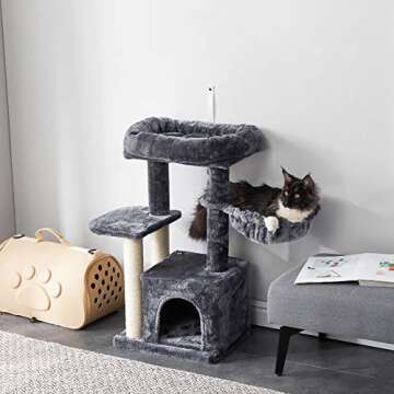 IBUYKE Cat Tree Tower Condo Cat Play Furniture 30.7" with Sisal Scratching Posts, Perches, Cat House, Basket, for Pet Cat Kitten, Smoky Gray, UCT006G