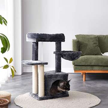 IBUYKE Cat Tree Tower Condo Cat Play Furniture 30.7" with Sisal Scratching Posts, Perches, Cat House, Basket, for Pet Cat Kitten, Smoky Gray, UCT006G