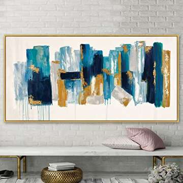 Sagebrook Home Rectangle Mdf Contemporary Hand Painted Abstract Canvas Abstract Decorative Interior Wall Art, Contemporary Artwork Home Decor for Hallways, Bedroom, Living Room, Dining Room, 32"H, Blue Gold