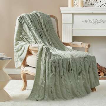 Amélie Home Sage Green Spring Throw Blanket Decorative Hollow Cable Knit Throw Blanket Soft Cozy Lightweight Farmhouse Throw Blankets for Couch Sofa Bedroom 50 x 60