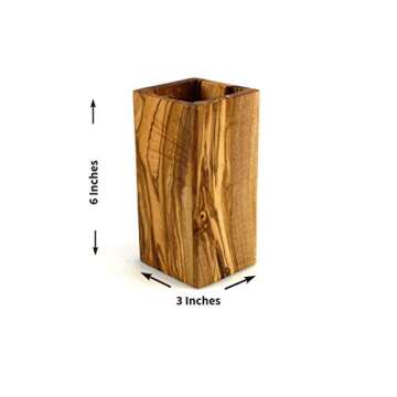 Thirteen Chefs Tramanto Olive Wood Utensil Holder 6 Inch Tall Square Wooden Crock for Kitchen Tools and Cooking