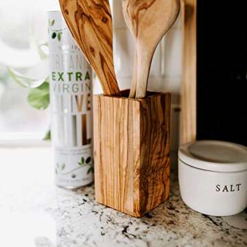 Thirteen Chefs Tramanto Olive Wood Utensil Holder 6 Inch Tall Square Wooden Crock for Kitchen Tools and Cooking