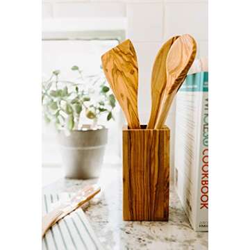 Thirteen Chefs Tramanto Olive Wood Utensil Holder 6 Inch Tall Square Wooden Crock for Kitchen Tools and Cooking